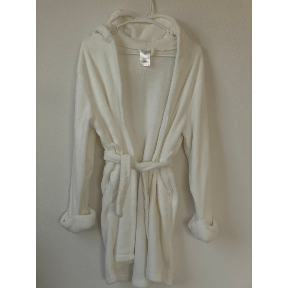 Gap Kids White Fleece Hooded Bathrobe Size 14 Recycled Polyester Tie Waist Robe - Picture 4 of 16